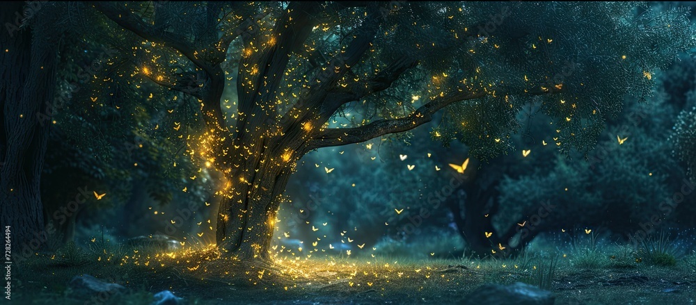 Aufkleber enchanting forest landscape at dusk trees are illuminated by shimmering lights creating magical and 