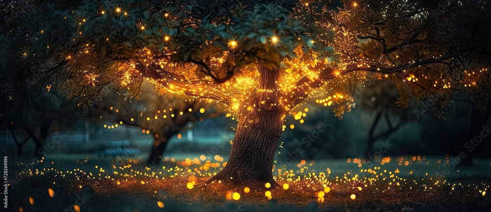 Aufkleber enchanting forest landscape at dusk trees are illuminated by shimmering lights creating magical and 
