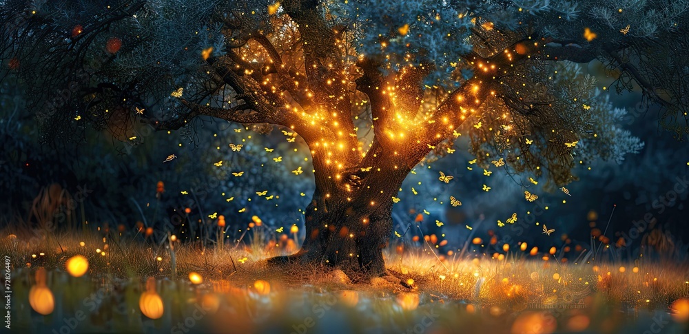 Aufkleber enchanting forest landscape at dusk trees are illuminated by shimmering lights creating magical and 