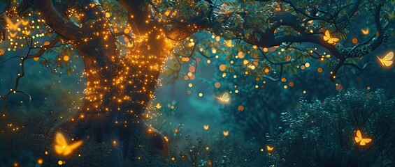 Enchanting forest landscape at dusk trees are illuminated by shimmering lights creating magical and mystical atmosphere scene straight out of fairytale with foliage bathed in dreamy glow - obrazy, fototapety, plakaty