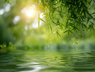 Natural background. Close-up of wet greenery and rain in the garden on the background of water.