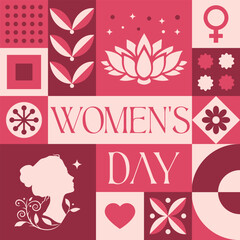 International Women's Day seamless pattern in scandinavian style postcard with Retro clean concept design
