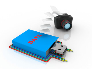 3d rendering Digital single-lens reflex camera with pen drive connected optical cable