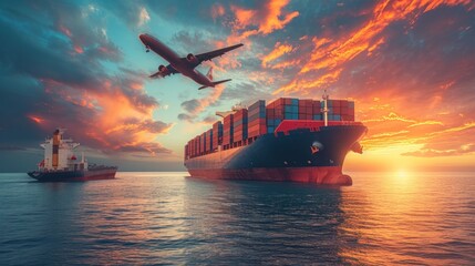 Commercial Airplane Flying Over a Cargo Ship at Sunset in the Open Sea