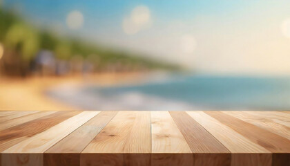 木のテーブル越しに見えるの夏の海のイメージ素材。An image of the summer sea seen through a wooden table.