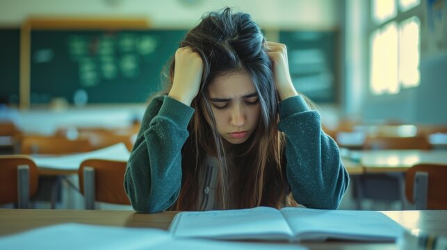 Frustrated Female Student Sitting in a Classroom During a Challenging Exam - Powered by Adobe