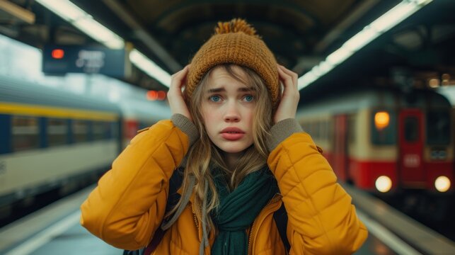 Woman in Knit Hat Experiencing Disappointment After Missing Train at Evening Station