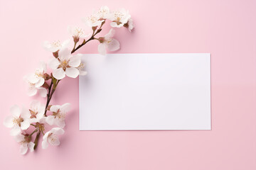 Fototapeta na wymiar White Paper Sheet Card Mockup with Flowers on Pastel Pink Background. Empty Card Mockup with Copy Space