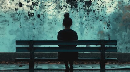 A woman sitting alone on a bench staring off into the distance with a pained expression.