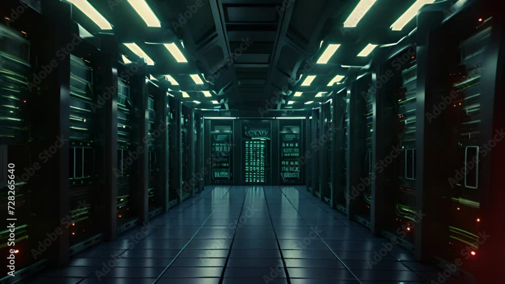 Poster digital information flows through network and data servers behind mesh panels in a server room of a 
