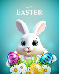 Easter greeting card with bunny and easter eggs.	