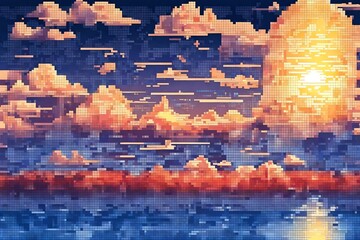 Vector pixel background with evening sky and clouds. Seamless when docking horizontally