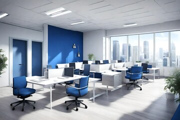 Fototapeta na wymiar Blue and white office with waiting space - rendering
