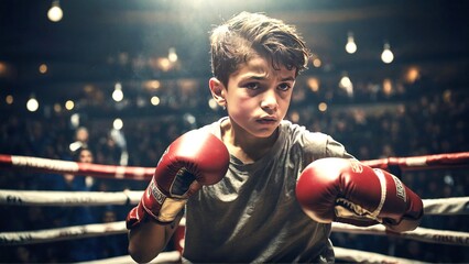 Cute young athletic boy wear red boxing gloves, child security concept