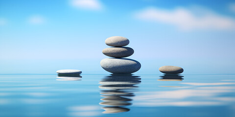 Obraz na płótnie Canvas stack of pebbles in front of a tranquil sea ,Background for meditation on the beach. Zen-stones in the water. Generative AI