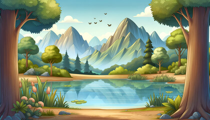 Enchanted forest pond in a storybook setting.
Generative AI.
