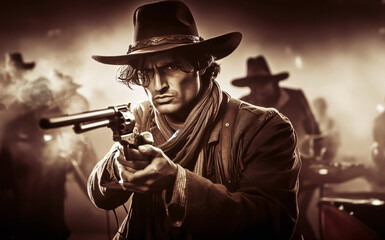 Closeup of desperado outlaw cowboy with raised pistol and gunsmoke - obrazy, fototapety, plakaty
