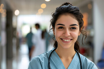 Fototapeta premium Portrait of a young doctor standing in a hospital and smiling into the camera