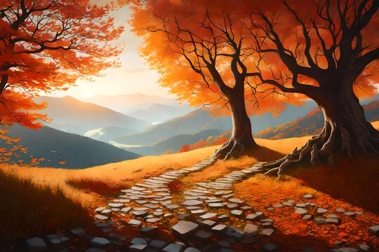 utumn landscape with alone tree on mountain,coming home concept,illustration painting