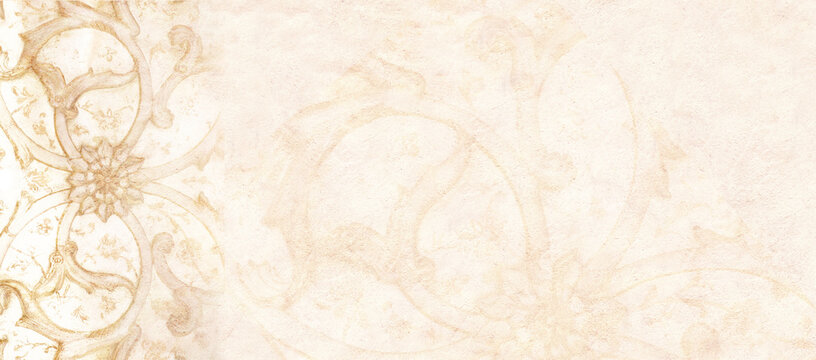 Grunge background with stone texture and ancient carved ornament, Morocco. Horizontal or vertical banner with ornament in Moroccan style. Mock up template. Copy space for text