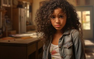 Young Multiracial Girl With Curly Hair Standing in Kitchen
