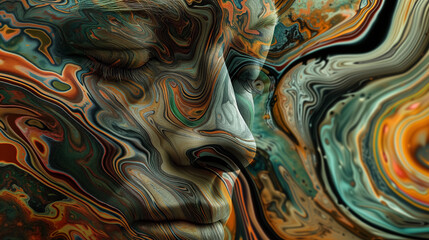 Abstract art with a fluid face in swirling patterns.