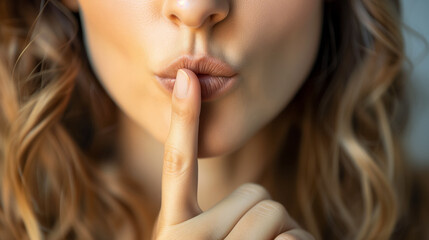 Naklejka premium Woman gesturing silence with a finger on her lips.