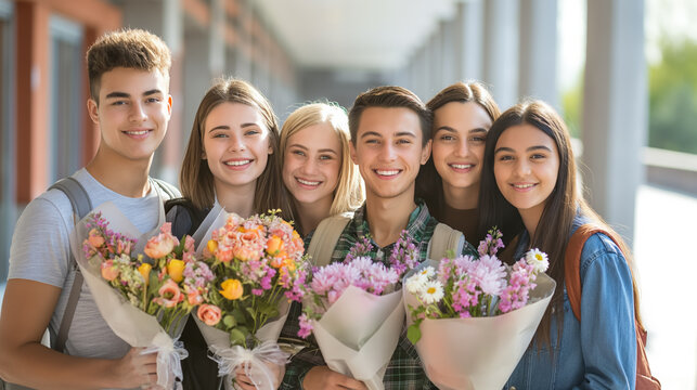 Group of happy teenagers holding colorful bouquets.