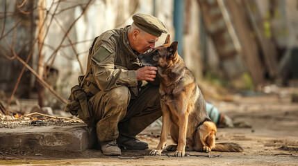 Elderly soldier bonding with his loyal German Shepherd. - Powered by Adobe