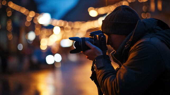 Photographer capturing city lights on a wet evening.
