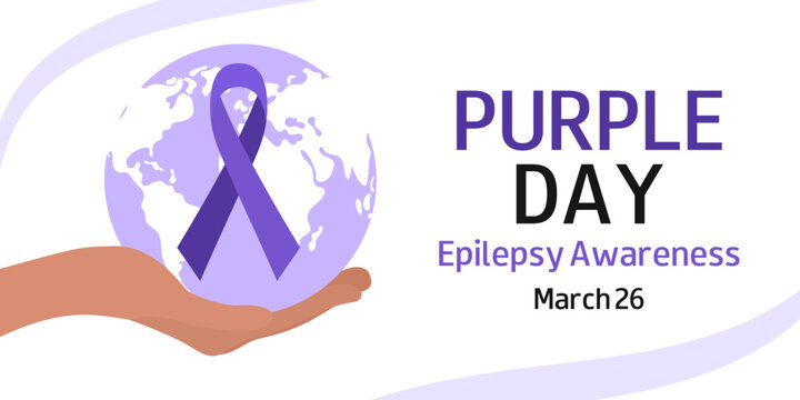 Purple Day. World Epilepsy Day. March 26. Epilepsy awareness month. Purple ribbon, silhouette of world map, human hand. Vector template for banner, card, poster, flyer, presentation.