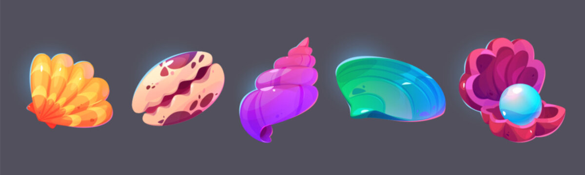 Game ui icon set of sea or ocean shell. Cartoon vector illustration collection of cute underwater creatures with conch. Aquarium and marine bottom seashell and horned clam, open scallop with pearl.