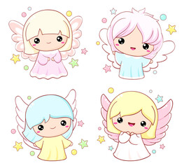 Cute cartoon Christmas angels set. Collection of Easter angel in kawaii style. Little baby in angel costume. Vector illustration EPS8