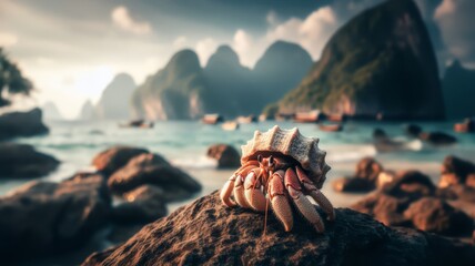 Hermit crab on the rock in the background of the sea and mountains