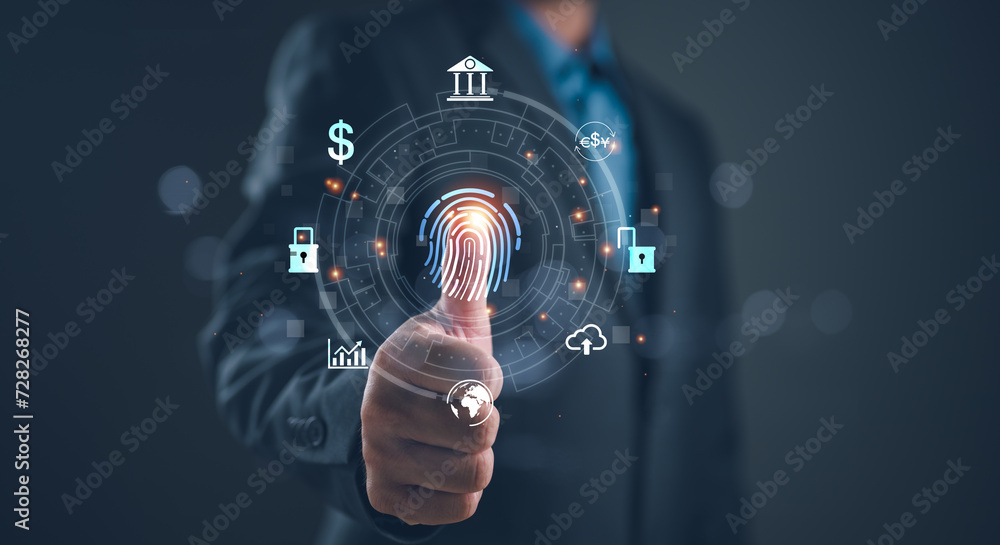 Aufkleber Man using thumb to scan finger print or for digital processing biometric identification to access security system includes internet banking, cloud system and mobile phone , Cyber security concept.