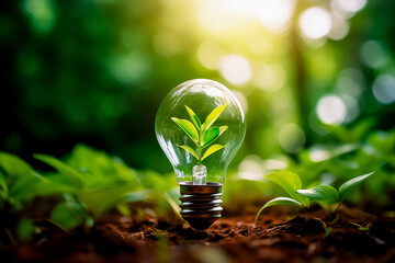 Green Energy Concept with Plant Inside Light Bulb : Eco-friendly concept depicting a green plant growing inside a light bulb on soil against a nature-inspired background. - obrazy, fototapety, plakaty