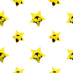 Soccer football star pattern watercolor drawing. Seamless sports gear. Yellow pentagon train team. Leather white background