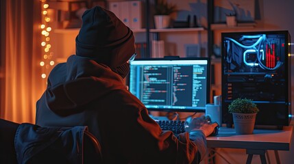 An unidentified hacker wearing a hoodie is seen working intensely on a computer, potentially executing a cybersecurity breach in a darkened room