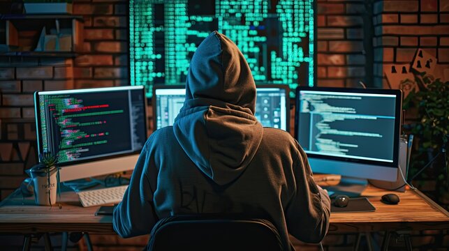An unidentified hacker wearing a hoodie is seen working intensely on a computer, potentially executing a cybersecurity breach in a darkened room
