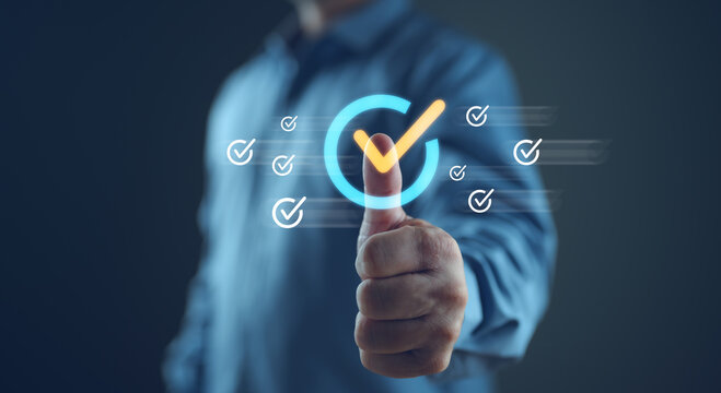 Quality management with Quality Assurance or QA and Quality Control or QC and improvement. Standardization and certification concept. Compliance to regulations and standards. Concept with manager.