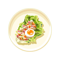 Vegetable mixture with sauce on a porcelain plate. Lettuce leaves and half a boiled egg. Vegetarian food. Healthy eating. Self care. Vector illustration