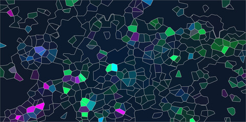 Abstract Seamless Multicolor Broken Stained-Glass Geometric Retro Tiles Pattern and Quartz Crystal Voronoi Diagram Background. For Artful Websites, Presentations, Brochures, and Social Media Graphics.