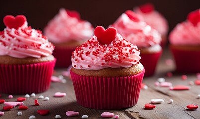 Valentine cupcakes with hearts on wooden background. Selective focus.