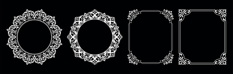 Set of decorative frames Elegant vector element for design in Eastern style, place for text. Floral black and white borders. Lace illustration for invitations and greeting cards.