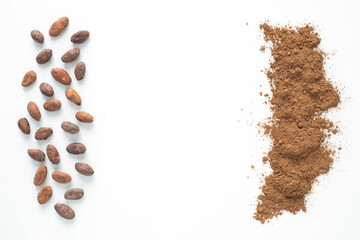Closeup top down view of cocoa beans and cacao powder on white background with a copy space in the middle