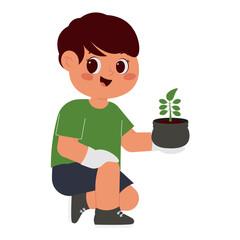 A Boy Holding A Potted Plant Illustration