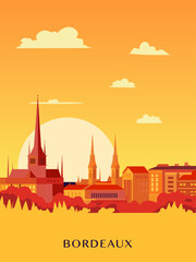 Obraz premium Bordeaux retro city poster with abstract shapes of skyline, buildings. Vintage France, Gironde department town travel vector illustration