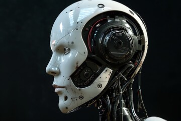 Fototapeta premium AI artificial intelligence robot head isolated on black background