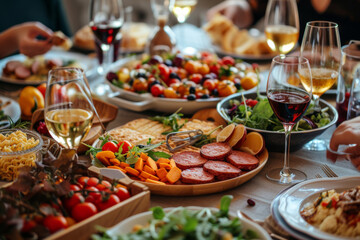 Full table of delicious Dinner party table European foods and drinks from top view, Happy dining time, buffet food dishes background. - obrazy, fototapety, plakaty