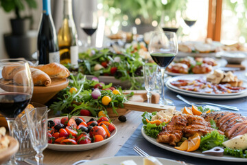 Full table of delicious Dinner party table European foods and drinks from top view, Happy dining...